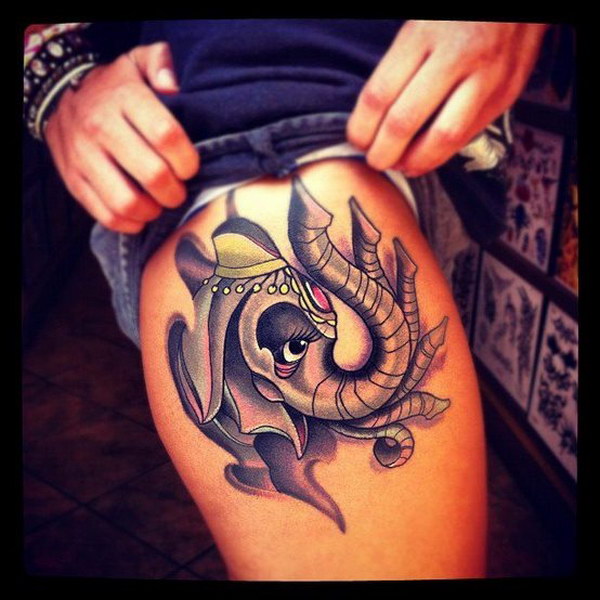 Cute Elephant Thigh Tattoo. 