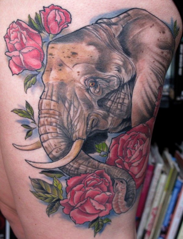 Beautiful Elephant and Flower Tattoo. 