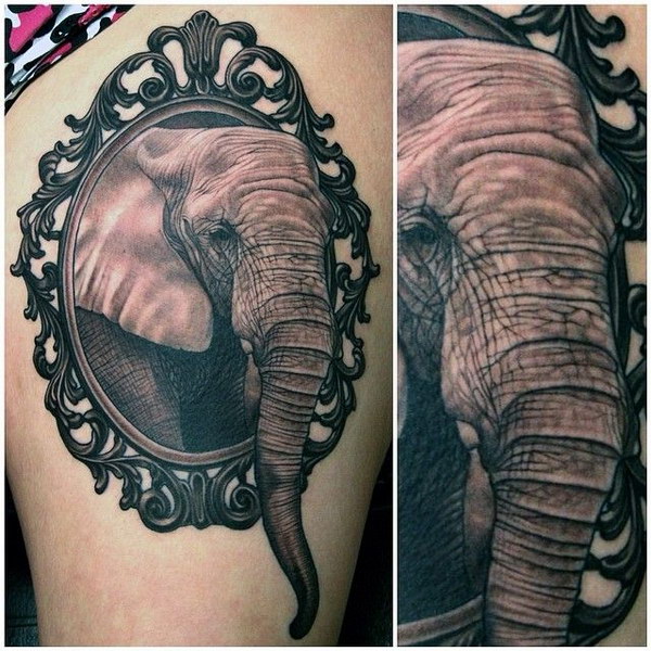 Black and Grey Realistic Elephant Tattoo. 