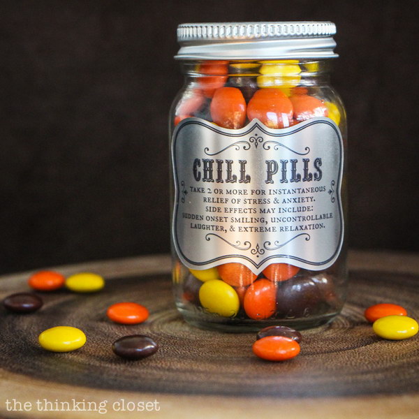 Chill Pills Gag Gift. What a cute way to giving Reese's Pieces or M&M. This is a fun and delicious gag gift which would surely give the recipients a laugh! 