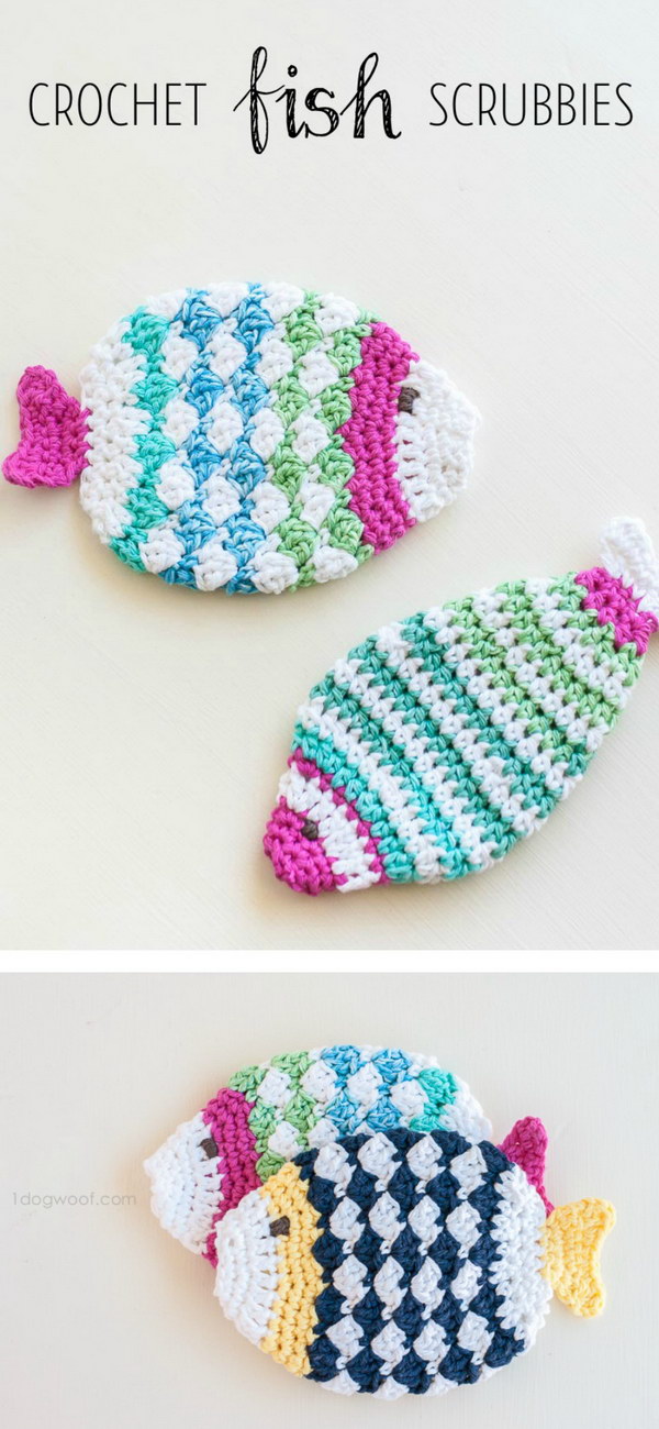 Crochet Fish Scrubbie Washcloths. A great housewarming or hostess gift idea! 