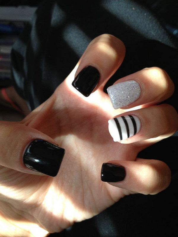 Black and White Nails with Glitter and Stripes 
