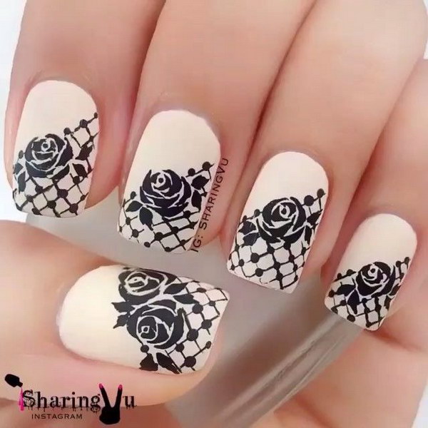 Black and White Rose Lace Nail Art Design 
