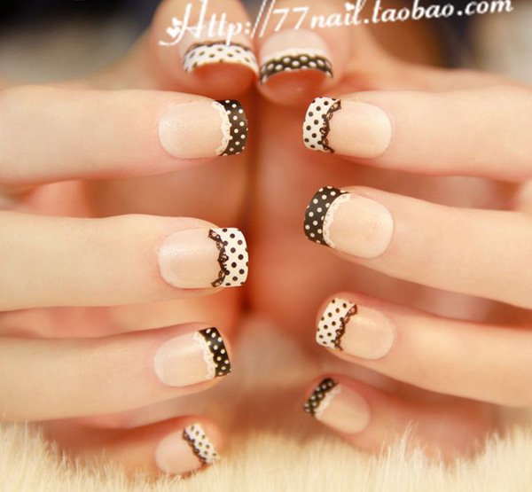 White and Black Polka Dots with Lace French Tip 