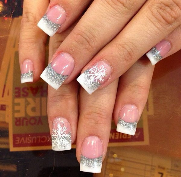 White and Silver Nail Art with Snowflake. 