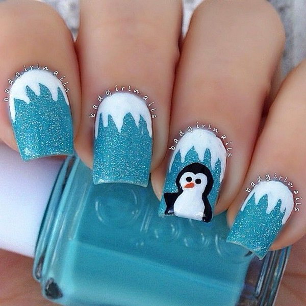 Cute White and Blue Penguin Christmas Nail Art 