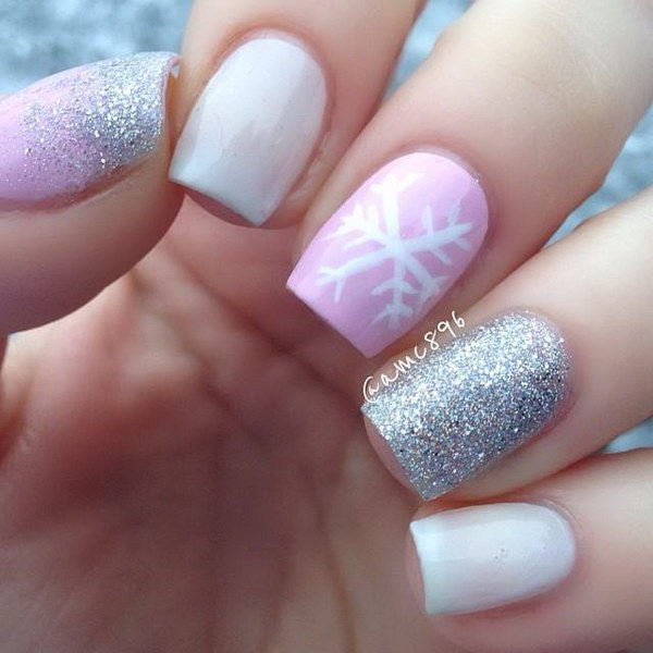 Pink White Sparkle Nails with Snowflake Accent 