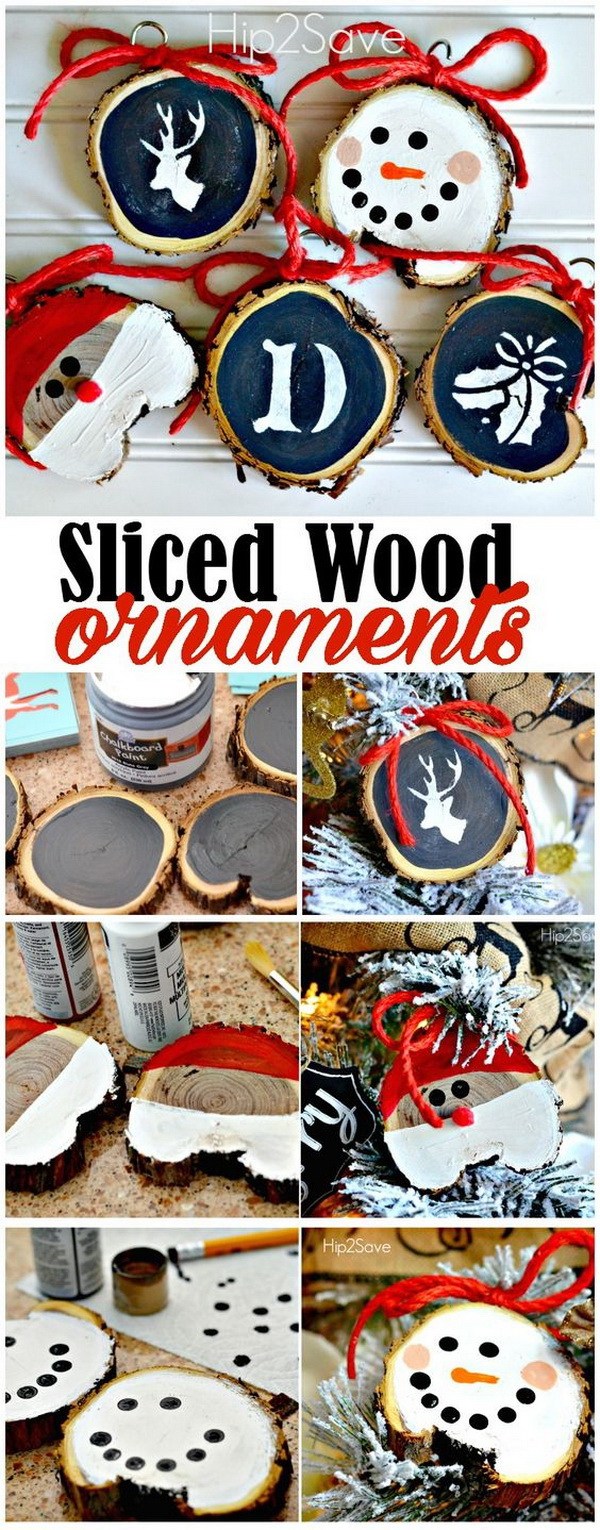 DIY Rustic Sliced Wood Christmas Ornaments. 