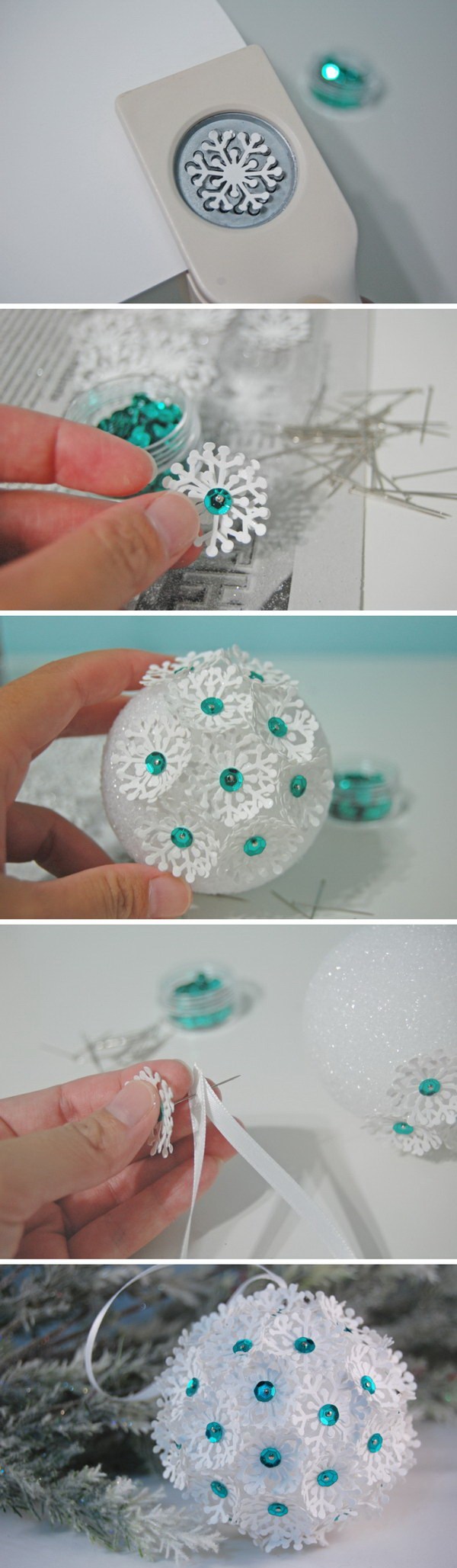 DIY Paper Punch Snowflake Christmas Ornaments. 