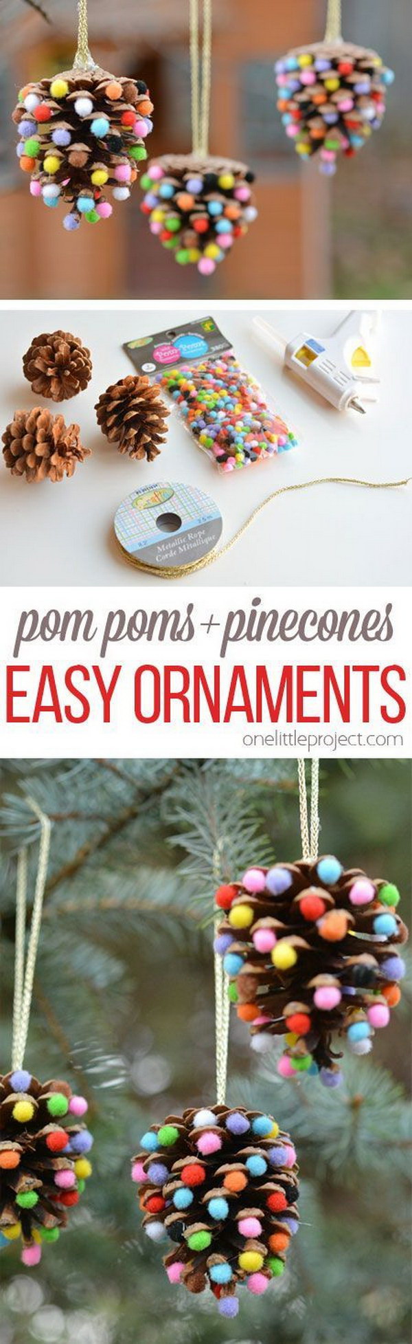 Pom Poms and Pinecones Christmas Ornaments. 