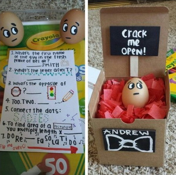 Crack Me Open. Paint cute face on hallowed eggs and put your invitation in. This is a cute way to ask a guy to sadies. 