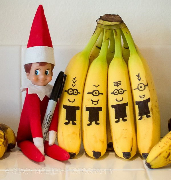 Elf on the Shelf with Banana Minions for Christmas Decor. 