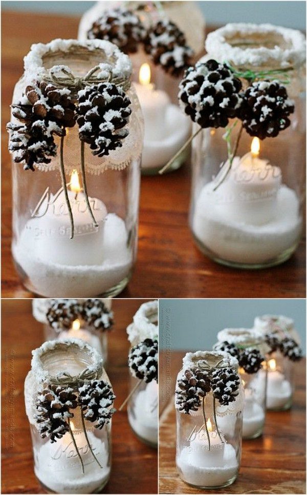 DIY Snowy Pinecone Candle Jar Luminaries 