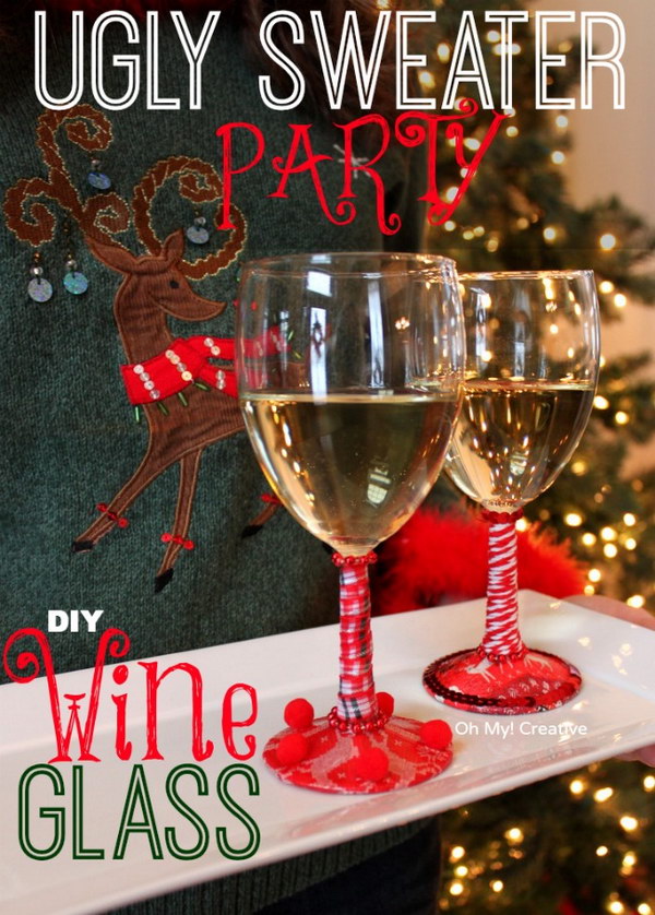 Ugly Christmas Sweater Party Wine Glasses. 