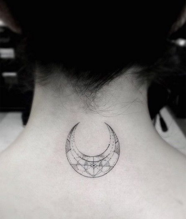 Moon Geometric Line Tattoo on Back Neck 