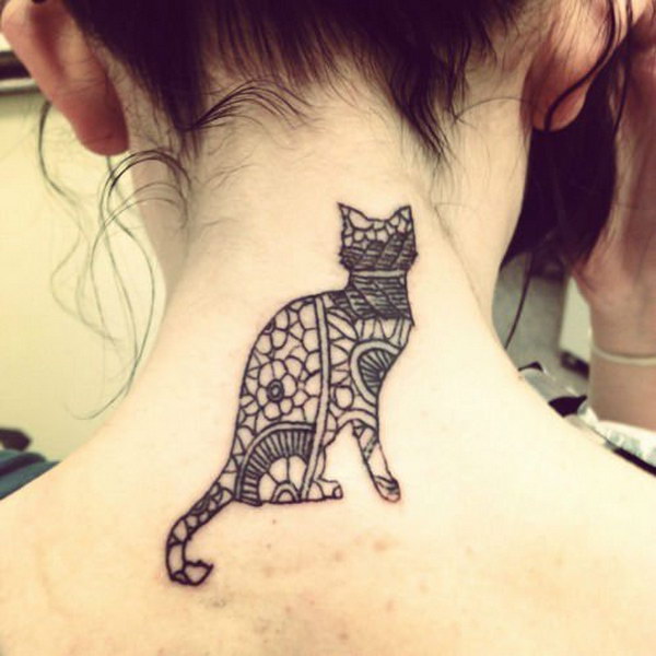 Beautiful Cat Tattoo Design on Back of Neck 