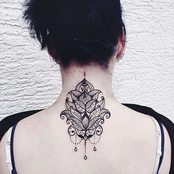 Lotus and Mandala with Embellishments Tattoo Design on Back Neck 