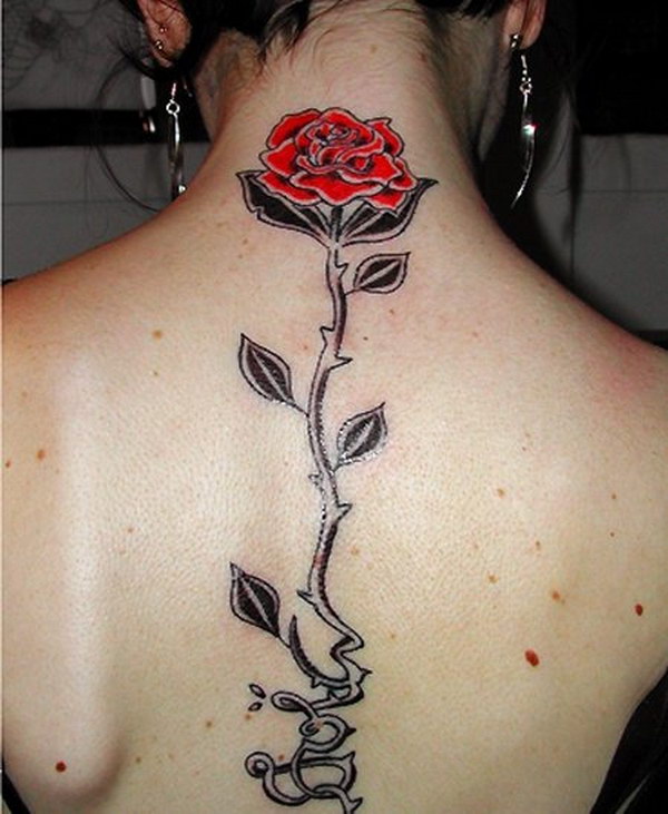 Charming Red Rose Tattoo on Back of Neck 