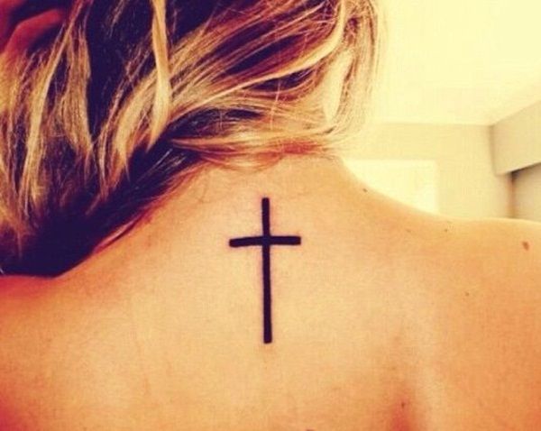 Black Cross Tattoo On Back Neck 