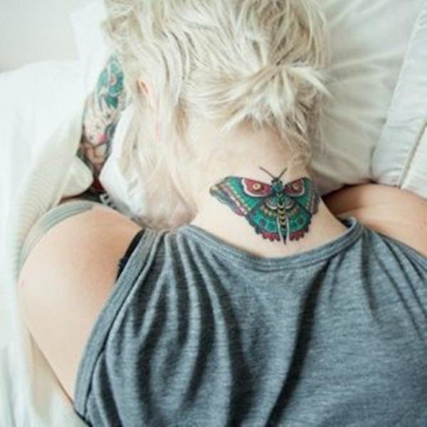 Colored Butterfly on Back of Neck 