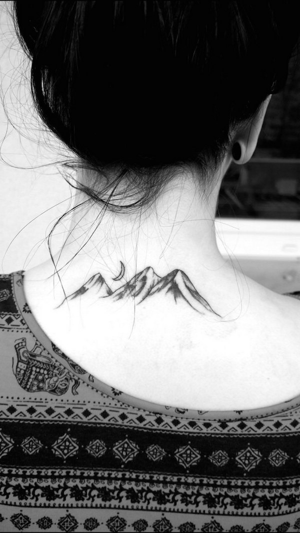 Mountains and Moon Tattoo on Back of Neck 