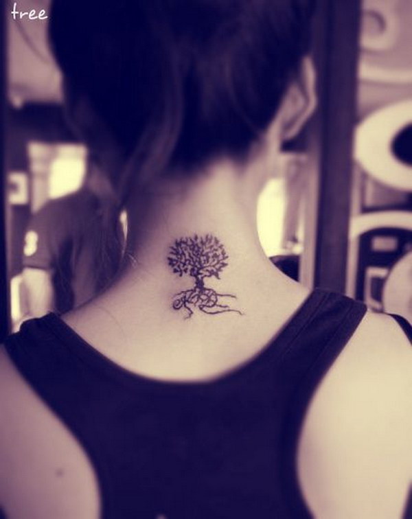 A Tree Tattoo behind the Neck with Roots 