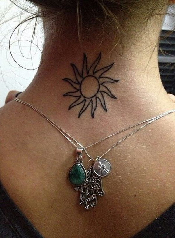 Boho Sun Tattoo on Back Neck 