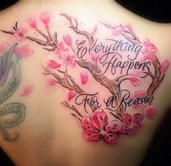 Floral on Back Tattoo with Everything happens for a reason Quotes. 