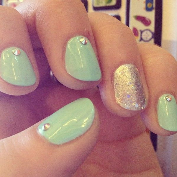 Mint Nails with a Dash of Silver Glitter and Mini Diamond Studs 