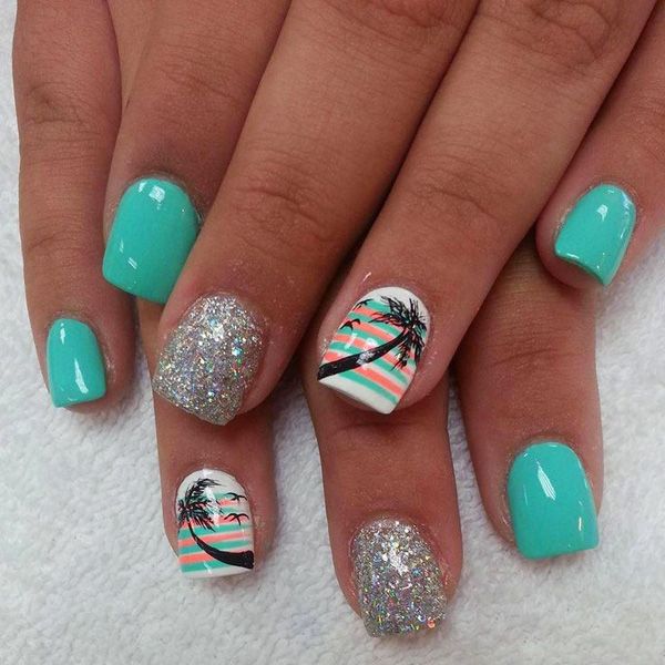 Tropical Nail Art Design with Palm Trees 