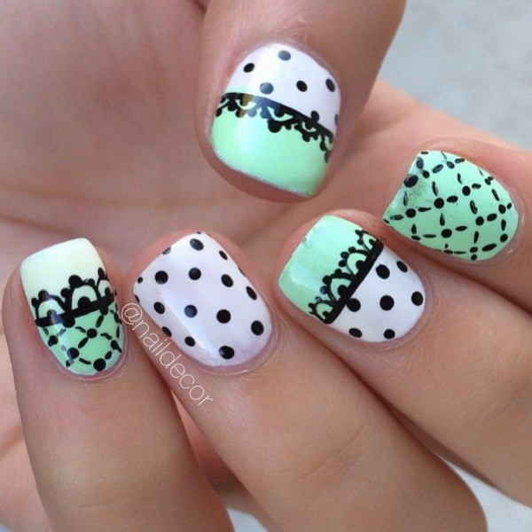 White and Mint Polka Dots with Lace Nails 