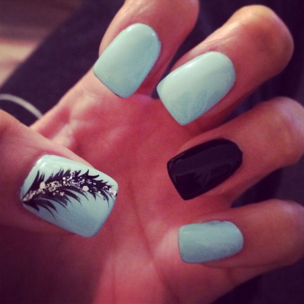 Turquoise with Black Feather and Glitter Nail Art 