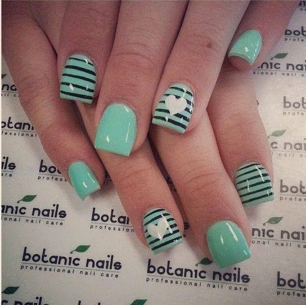 Black Stripes with White Hearts on Green Nails 