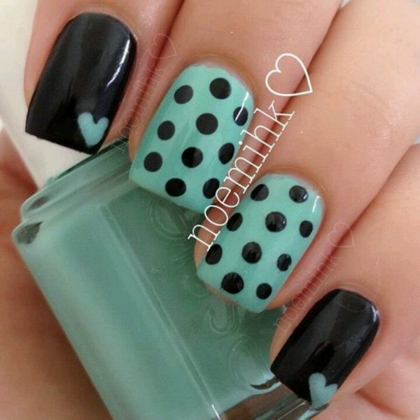 Cute Black And Turquoise Nails with Polka Dots 