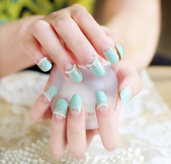 Long Round Mint Green Tips with Pearl Accented French Nails 