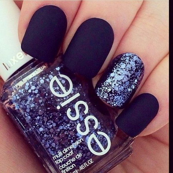 Navy Blue Matte and Glitter Nails. 