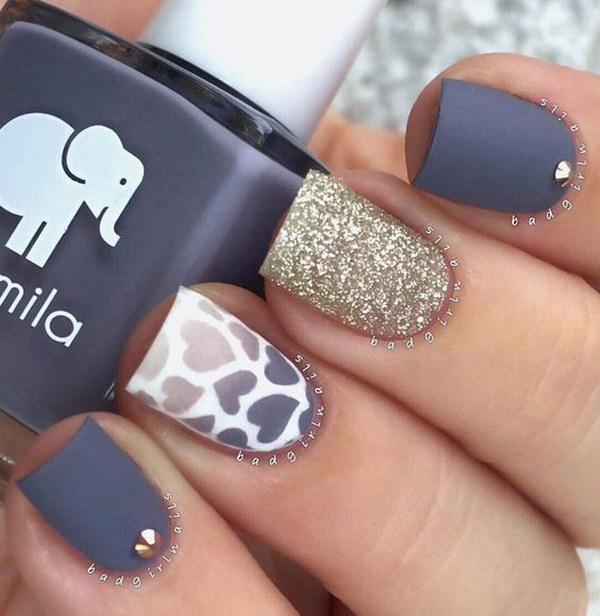 Matte Blue Gray Nail Polish with White and Gold Glitter. 
