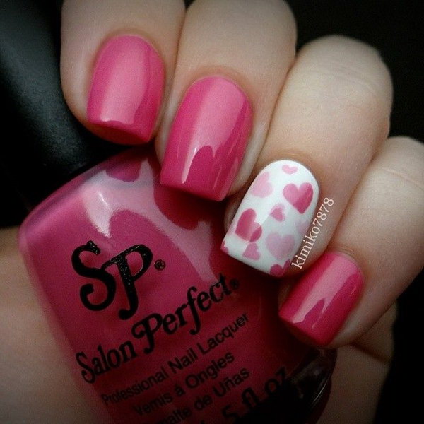 Pink & White Heart Nail Design. 