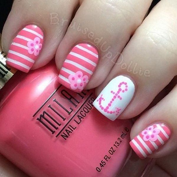Charming Pink and White Nails with Anchor & Strips Designs for Accent. 