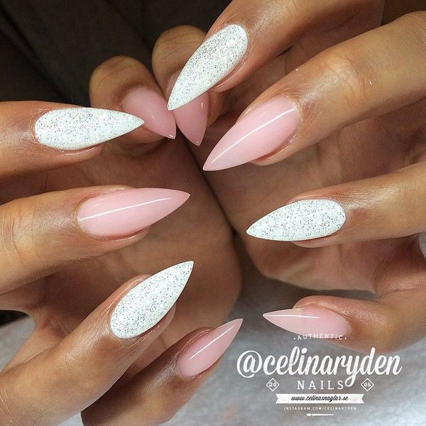 Pastel Pink And White Shimmer Stiletto Nails. 