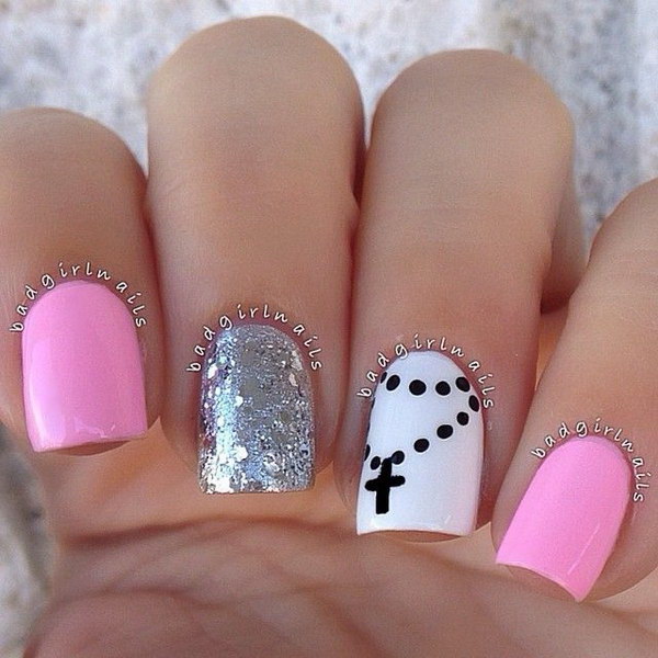 Silver, Pink and White Nail Design with Cross. 