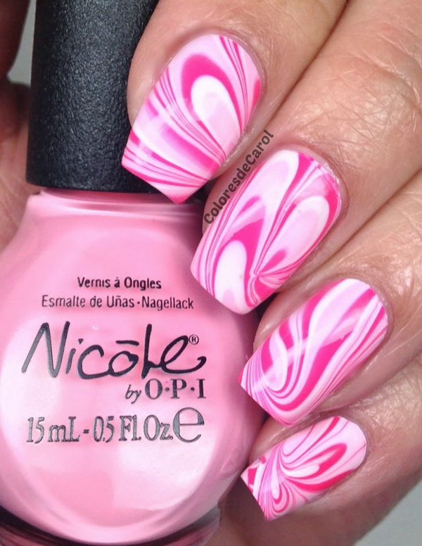 Water Marble Nail Design in Pink and White. 