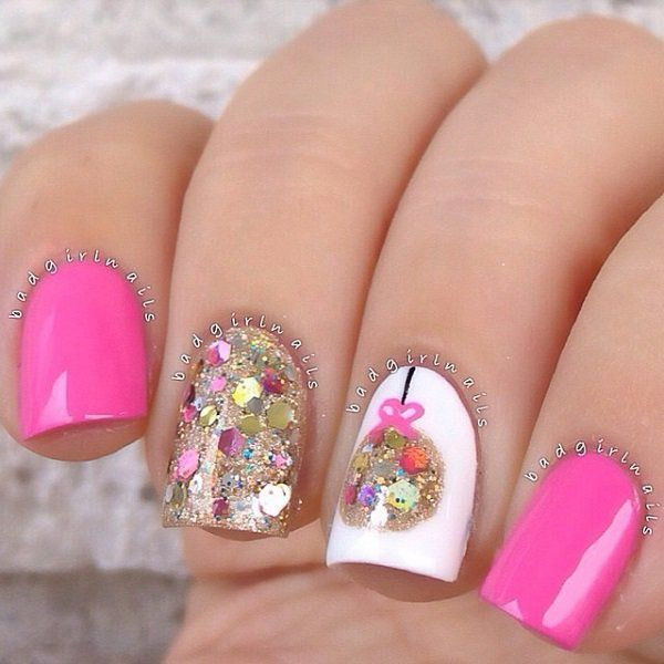 White and Pink Nail Polish with Colorful and Pretty Glitter Details. 