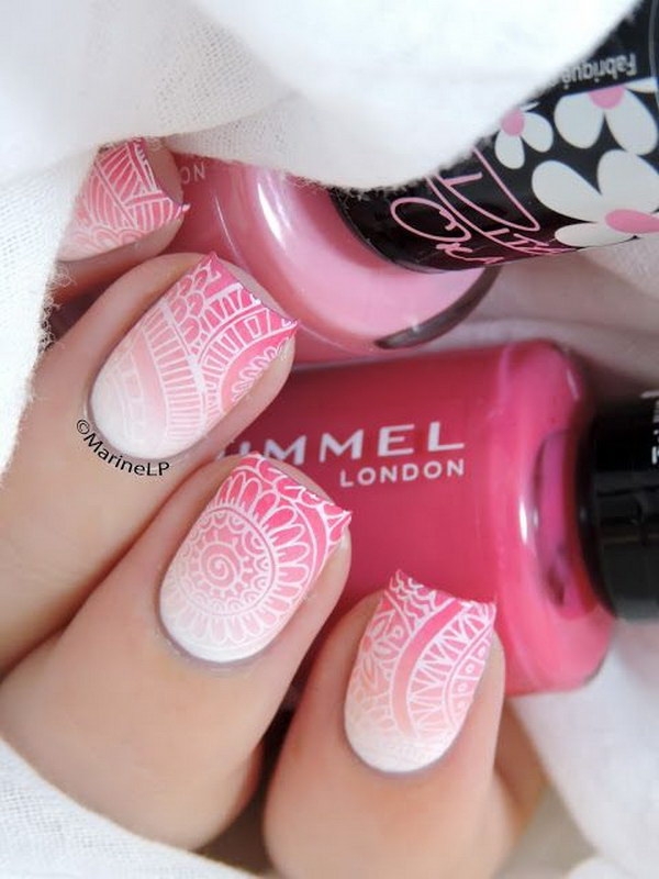 Gradient Pink and White Lace Nail Design. 