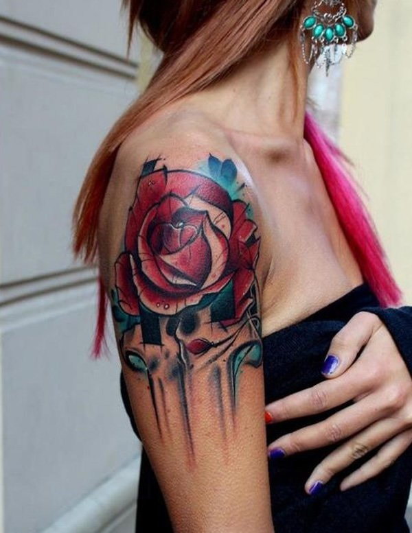 Watercolor Roses Quarter Sleeve Tattoo. 