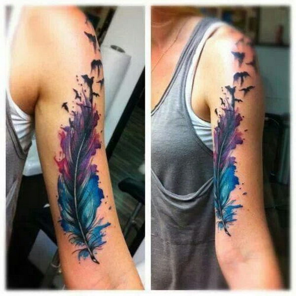 Watercolor Feather Sleeve Tattoo for Women. 