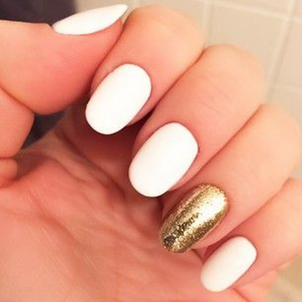 White Nails with Glitter Accent. 