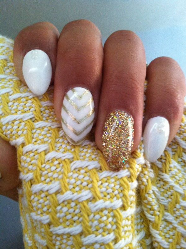 Gold and White Strips Almond Nails. 