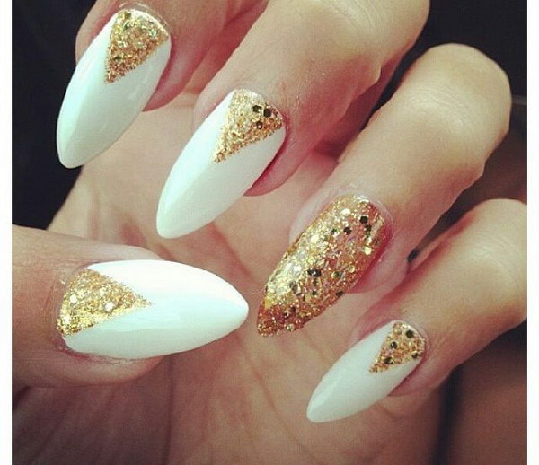 White and Gold Stiletto Nails. 