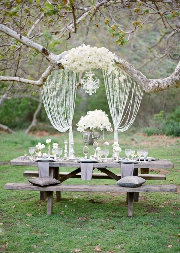 Gorgeous Outdoor Tablescape with Beaded Back Drop Curtains 